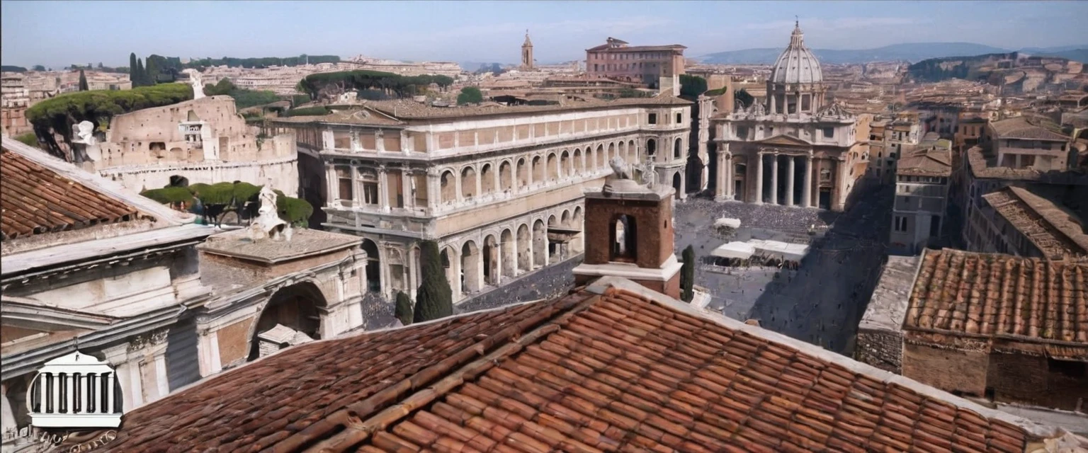 arafed view of a city with a lot of buildings and a clock tower, roman city, rome, ancient rome, rome in background, eternal city, roma, roman monuments, ancient roman setting, rome backdrop, roman historic works, market in ancient rome, old roman style, colosseo, city ruins in the background, ancient roman style, view from slightly above