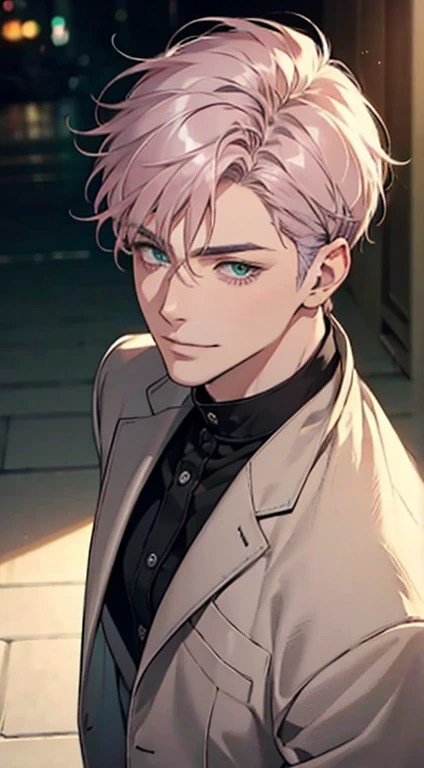 a mature man with short grey pink hair, green eyes, 31 years, and a perfect face, smiling in love, CEO, cinematic lighting, 1:4 HDR image, top view, ultra detailed, best quality, masterpiece, 8K, photorealistic, beautiful image