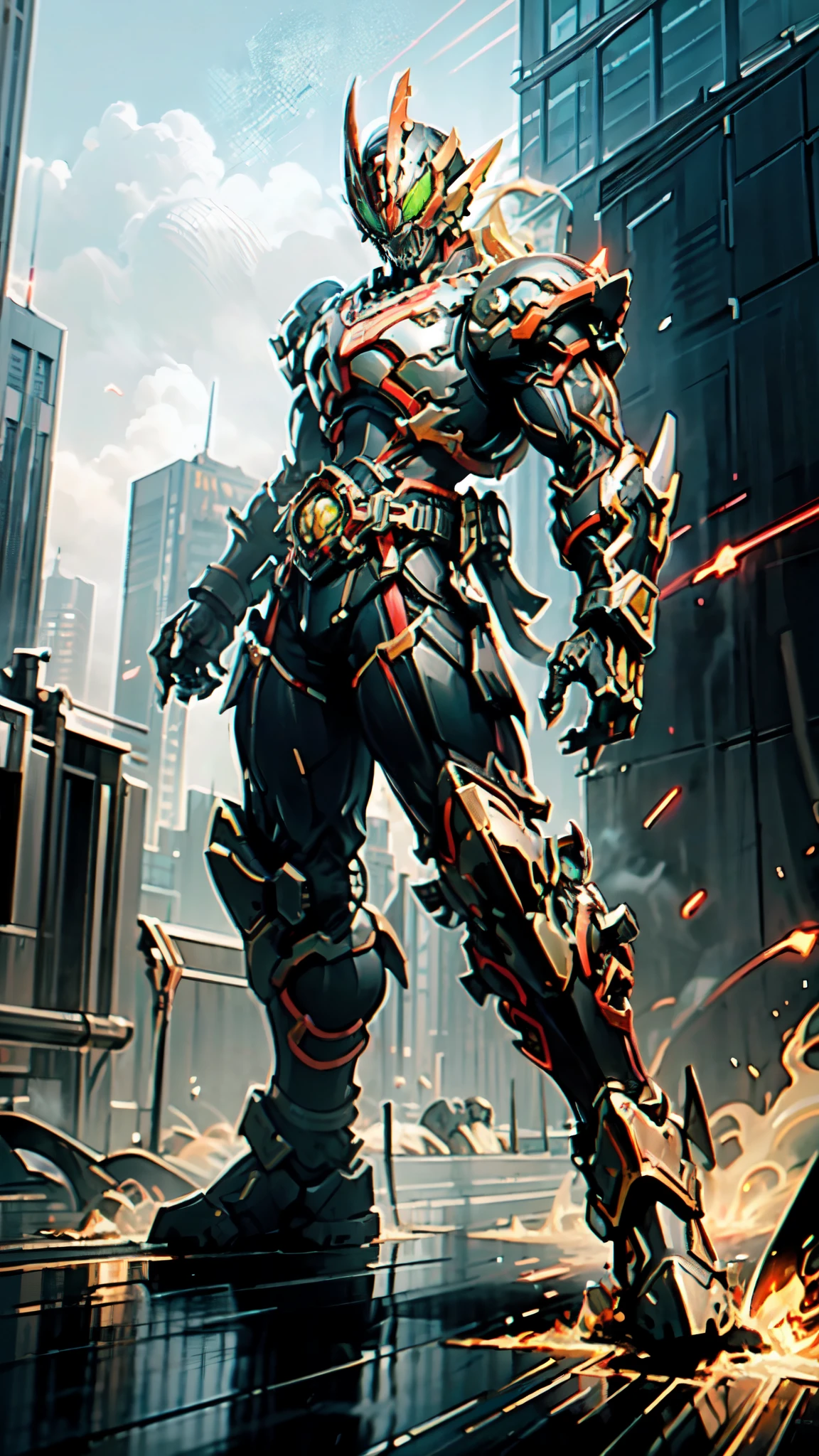 (masterpiece:1.5, best quality:1.5, extremely delicate:1.5, perspective:1.5, foreshortening:1.5, dynamic angle:1.5), a man wearing a full-face helmet, a fantasy-style biotech armored combat suit, green eyes, (a composite layered chest armor), fully enclosed shoulder guards, matching arm and leg guards, the belt is adorned with fangs biting into orbs, (the color scheme is primarily black with red accents), the design balances heavy with agility, a high-tech bio-mecha armor, (Armor Concept Inspired by Bat, stand on the top of a skyscraper in a futuristic sci-fi city), this character embodies a finely crafted fantasy-surreal style armored hero in anime style, exquisite and mature manga art style, (element, plasma, energy, the armor glows), ((male:1.5)), metallic, high definition, highres, ultra-detailed, ultra-fine painting, professional, perfect body proportions, golden ratio, anatomically correct, symmetrical face, extremely detailed eyes and face, high quality eyes, creativity, RAW photo, UHD, 32k, Natural light, cinematic lighting, masterpiece-anatomy-perfect