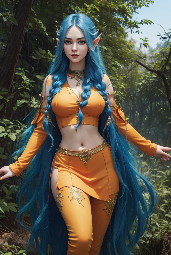 masterpiece, fulllength, perfect body, perfect face, blue hair, sexy orange clothing, long braided hair, fantasy character, druid, wood elf, perfect breasts, slim, thighs, midriff, green eyes, magical, smiling, magical,