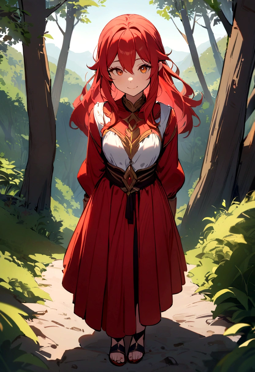 masterpiece, best quality, 1girl, grandes peitos, red and gold eyes, red long hair, (standing:1.1), (forest:1.1), pov, perfect eyes, arms at sides, portrait, full body, smile, heeled sandals, beautiful landscape, she is on the mountain