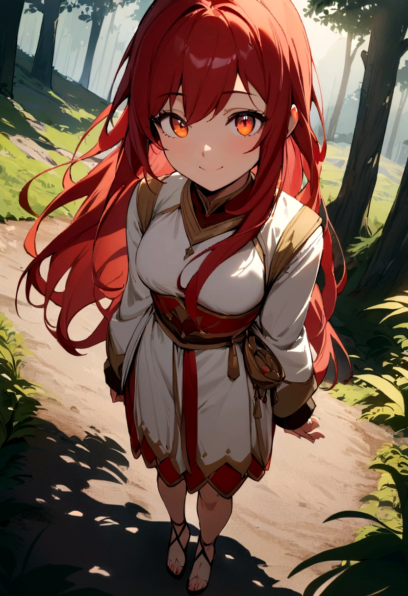 masterpiece, best quality, 1girl, grandes peitos, red and gold eyes, red long hair, (standing:1.1), (forest:1.1), pov, perfect eyes, arms at sides, portrait, full body, smile, heeled sandals, beautiful landscape, she is on the mountain