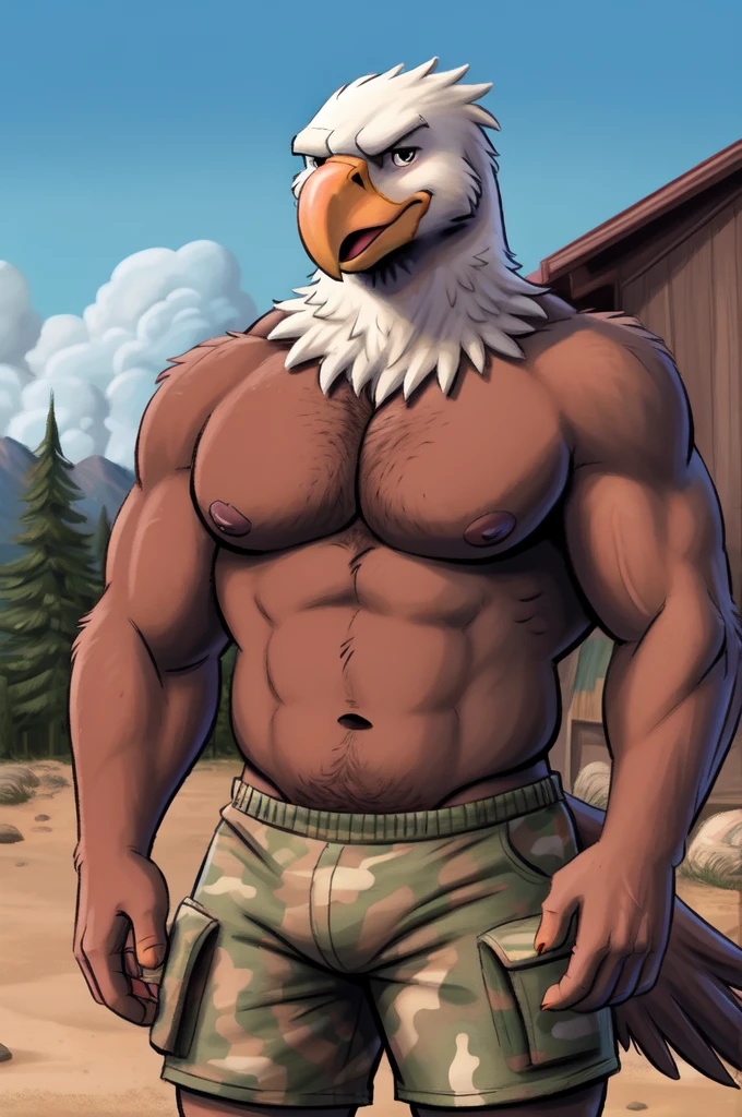 very high res, bald eagle, anthro, 4 fingers, male in mid 30's, skinny, skinny anthro, skinny male, tail, standing outside at very realistic very detailed very accurate american military base, very realistic very detailed very accurate blurred background, by dramamine, by nanoff, by minedoo, by dream_and_nightmare, by horrorbuns, short detailed multi tone bald eagle feathers, full body view, detailed bald eagle feather pattern colors and markings, very stern serious face, very stern serious pose, frontal view, fully front facing view, american, patriotic, military, army, average height muscular body, daddy, dilf, looking directly at viewer, closed mouth, realistic very detailed medium sized dark nipples nipple tips and areolas, open eyes, detailed pupils, summer, nude male, very high quality, masterpiece, no body hair, facing viewer, without text, outdoors, closeup, detailed medium sized pecs, detailed medium sized abs, bottomwear, wearing detailed camo shorts, very realistic perfect body proportions, perfect anatomy, detailed bald eagle beak, detailed deep navel,