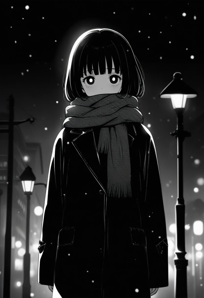 1girl, momose \(oqo\) official art, masterpiece, best quality, grayscale, manga style, japanese, chi no wadachi, black eyes, glowing small white pupils, street, iced, black hair, schoolbag, lineart, looking at viewer, black coat, black scarf, adult female, mature_female:1, tall, fair skinned, bokeh background, bob cut, light particles, centered, snowing, emotional anime scene, official wallpaper scenery:1.1, (very aesthetic, best quality, ultra detailed), intricate details, red and blue lights flashing, cool, soleless, emotionless, tired, street lamp, surrounded by darkness, stars in the sky, biting, full shot, texture \(hatching\), scarf over mouth, nestled beneath scarf
