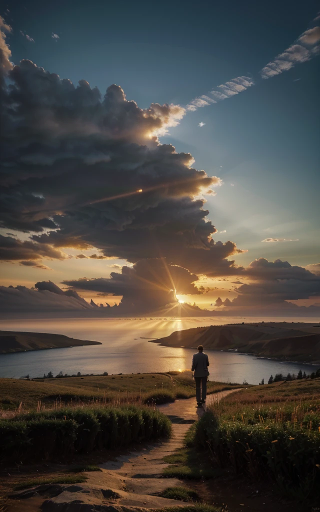photorealistic landscape, natural landscape, naturey, Beleza Da naturey, Golden Sunset, Sky, Sky Power, Detailed Realistic Sunset, Cedars, Cedar, God's City, Heavens Realm, mountainscape, rivers of water, Sunset realism, Árvores naturey, Alone Men, man on his back, Man's Back, panorama, Alpha Male, Path to Heaven, heavenly, Detailed Realistic Image 8K, 16K Photorealistic Contrast, 8K Photorealistic Sharpness, 4K Photorealistic Cores, 16K Photorealistic Shadows, 8K Photorealistic Textures, 16K Photorealistic Texture, 4K Photorealistic Light, 4K PhotoRealism, FullHD 4K Detailed Contrast, detailed sharpness FullHD 8K, detailed sharpness FullHD 4K, detailed sharpness, 2K Detailed Colors, lifelike colors, FullHD Detailed Shadows, 4K Detailed Textures, detailed texture, padoru, Natural Beauty, chic 