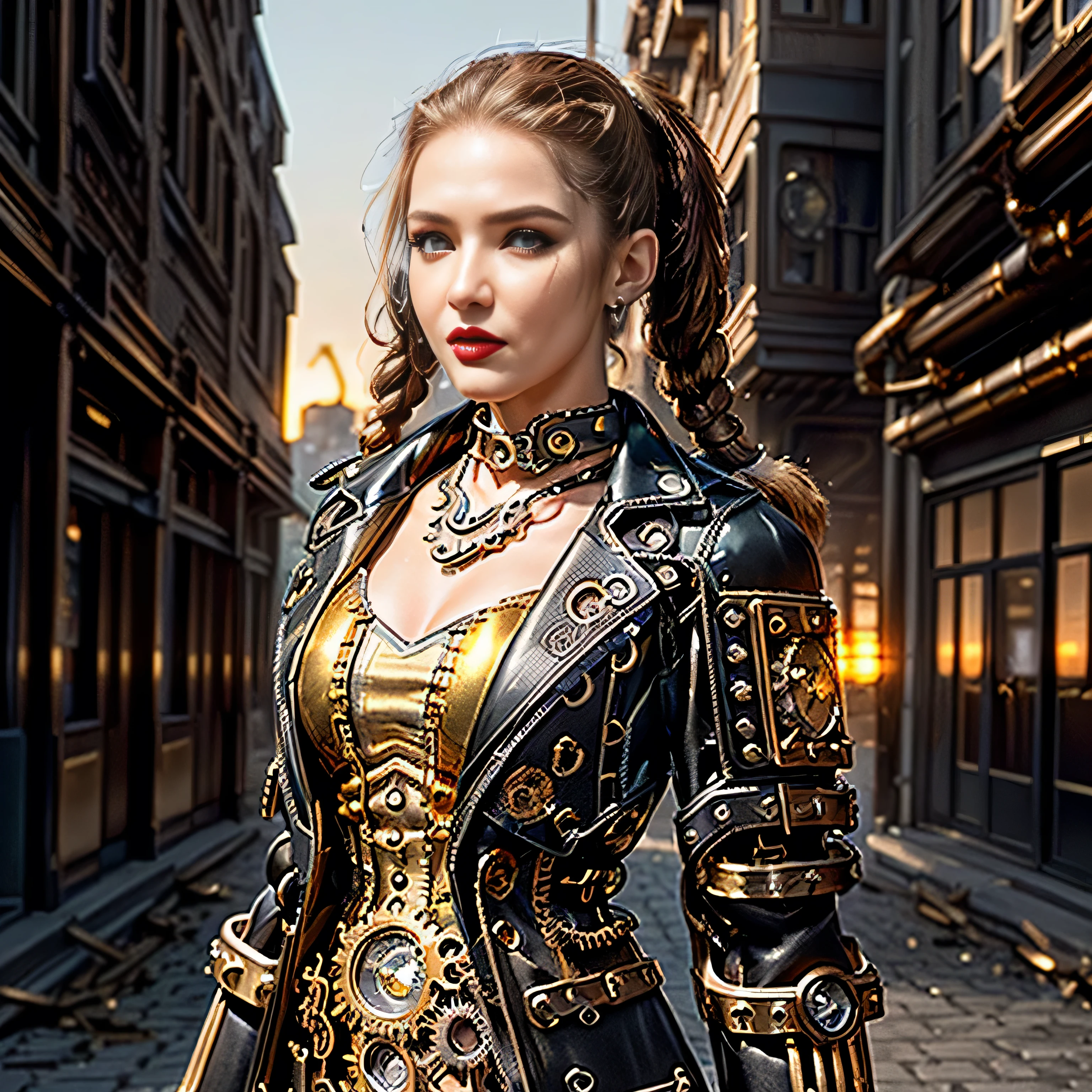 ((masterpiece, photorealistic:1.4, extremely intricate:1.3, photon mapping, radiosity, physically based rendering, ultra resolution, hyper-realistic, photorealistic:1.4, hyper-realistic, 8K, dtx)), (((athletic female assassin, long pigtails windy [blonde hair:bright ginger hair:0.4], (([flat chest:medium breasts:0.8])), ((makeup:1.6, perfectchainmail, gold steampunk, black jacket), red lips, bright sunlight, sunset, silk shirt)))), outdoors, metal reflections, ((((futuristic apocalyptic city destroyed)))), professional photograph, soft focus, dramatic, award winning, cinematic lighting, volumetrics dtx, (film grain, blurry background, blurry foreground, bokeh, depth of field)
