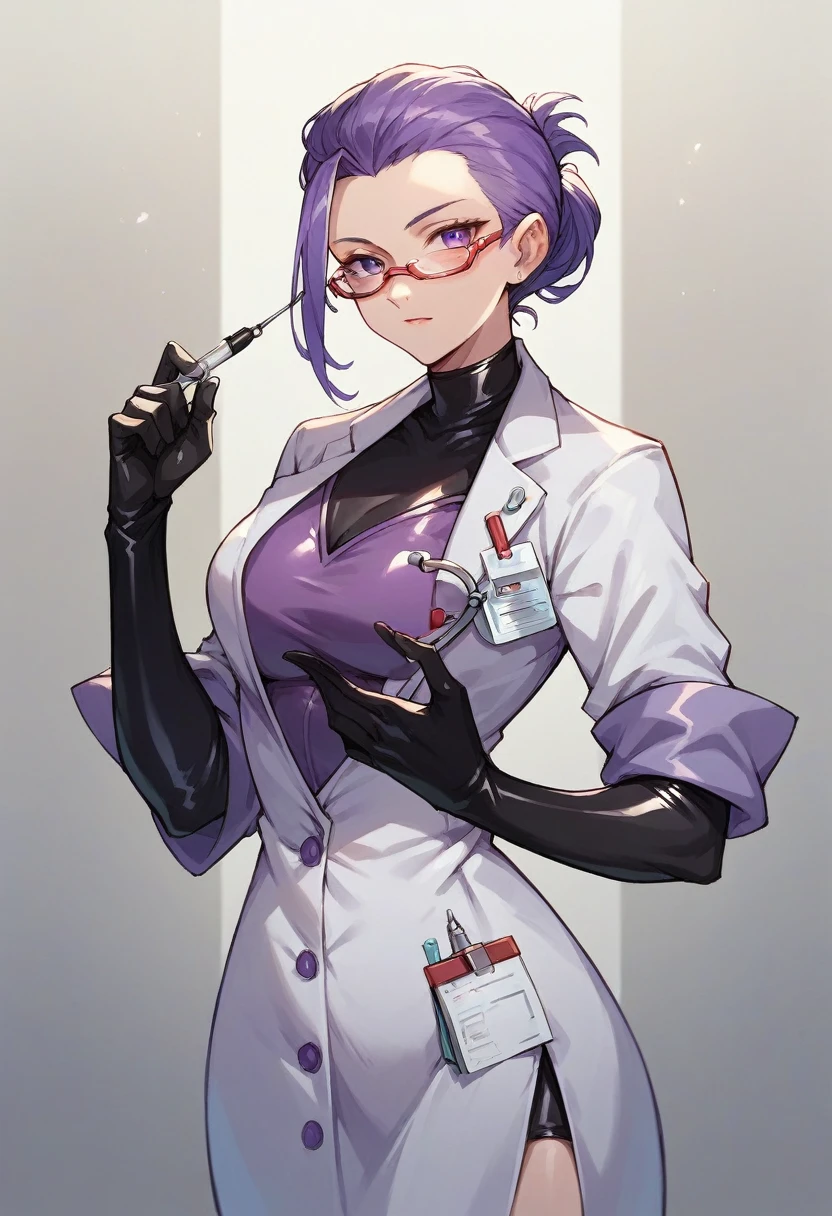 1girl, ((white elbow gloves)), ((surgical gloves)), ((latex gloves)), ((purple surgeon outfit)), looking at viewer, ((doctor’s coat)), ((long sleeves)), standing, solo