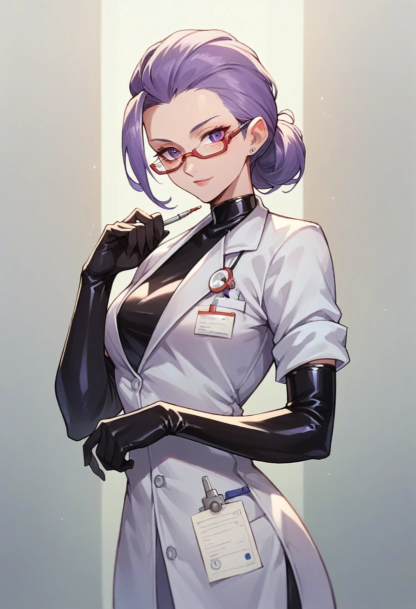 1girl, ((black elbow gloves)), ((surgical gloves)), ((latex gloves)), ((purple doctor outfit)), looking at viewer, ((doctor)), ((long sleeves)), standing, solo