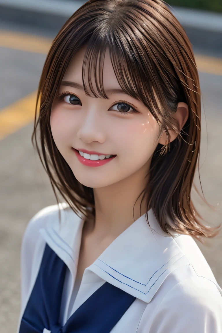 Highest quality, (beautiful)、Brown Hair、Sailor suit、Close-up、smile、looking at the camera、Big 、Upper Body、Shoot from above
