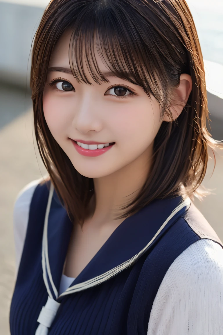 Highest quality, (beautiful)、Brown Hair、Sailor suit、Close-up、smile、looking at the camera、Big 、Upper Body、Shoot from above