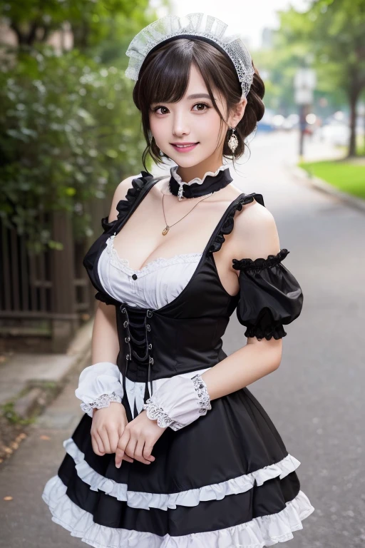 girl, White skin, ((Dark brown short tiered hair)), V cut with layers and bangs, Brown eyes, Soft atmosphere characteristics (Highest quality, Ultra-high resolution, 8K, RAW Photos, Ultra-high resolution: 1.2, masterpiece: 1.3), (Realistic, Realistic: 1.37), Very detailed, Professional Lighting, Photon Mapping, Radio City, Physically Based Rendering, One Girl, (high school girl), Sharp focus:1.2、Beautiful woman:1.4,cute, Nice, Adorable, smile, Normal chest, necklace、(Cleavage)、((black and white maid costume, Lolita Fashion, Gothic Fashion),Gothic Lolita Fashion、Earrings、Belly button、Pink and black gothic lolita outfit、、Fluffy skirt、(Boat:1.5)、歯を見せsmile、(maritime