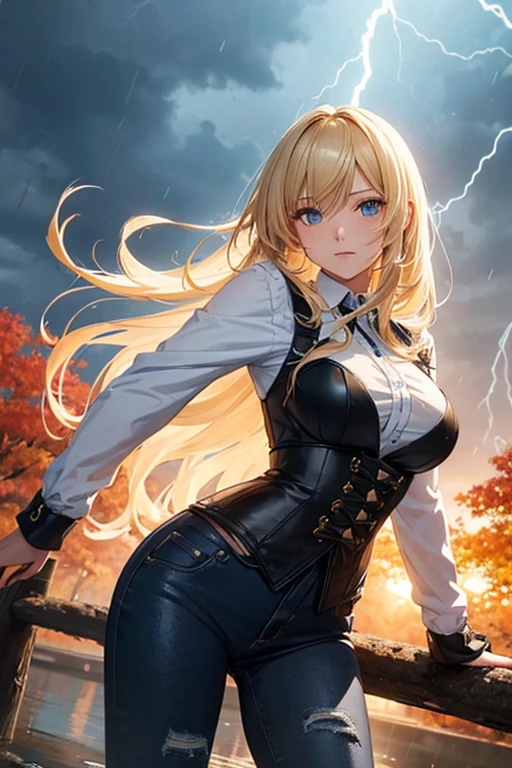 最high quality、Best image quality、masterpiece、With a girl((18-year-old、Best Bust、Large bast、D-cup breasts with firmness、Beautiful golden eyes、Tied to the cross、Spread your chest wide,Blonde long hair、Slender、Big Valley、Gold Bodysuit,Show the whole body、Open your arms、Gold ring on wrist、Shoots lightning from hands、Backward view、turn around、Tight ass、Expressions of pain、Torn suit:1.5、high quality、Beautiful art、background((Night Sky、Black Cloud、lightning、Intense thunder、Lightning strikes、Red Thunder、Blue lightning、Gold Thunder))Tabletop、Visual Arts、Depth of written boundary、Night Sky