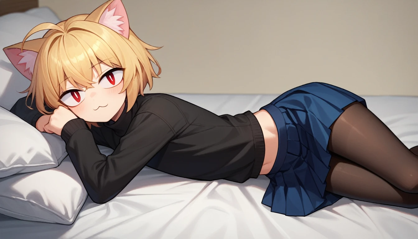 score_9, score_8_up, score_7_up, score_6_up, score_5_up, score_4_up, BREAK, 1boy, solo, necoarc, lit pupils, cat ears, blonde hair, red eyes, :3, turtleneck, blue skirt, pleated skirt, pantyhose, brown footwear, highlight thighs, (dynamic poses), in a bedroom, lying