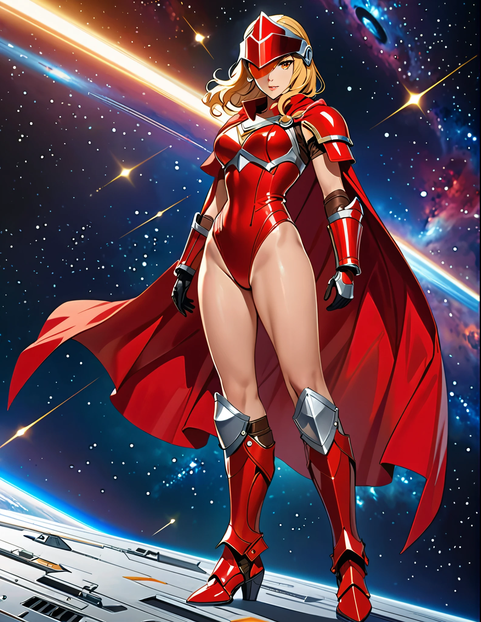 ((masterpiece)), ((best quality)), ((high res)), (dynamic villain pose), (solo, solo focus), standing, italian, (blonde hair, brown eyes), ((beautiful detailed eyes)), (a woman in a yellow and red costume and red cape), (leotard, bare legs), (roman helmet with futuristic visor, matching armored boots), (perfect hands, perfect anatomy), space backdrop, full body costume design.