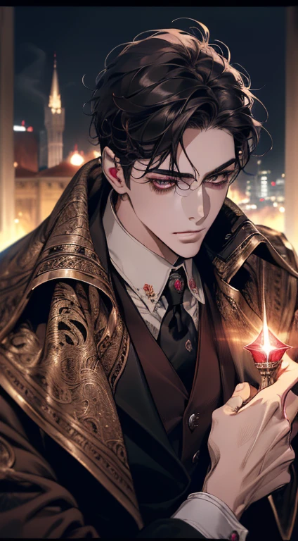 undercucho Close Portrait of Elegant Person [undercucho] in bespoke MAN suit: tall muscular man, classic style, intricate detial baroque, elegant, bright lights, highly detailed, digital painting, artstation, concept art, soft and sharp focus, portrait , illustration, art by wlop, mars ravelo and greg rutkowski (High detail skin: 1.2), 8k uhd, DSLR, soft lighting, high quality, film grain, Fujifilm XT3 mix4, male model, (((1 MAN))) suit, seductive, Florence, Italy background, (((/LOOKING AT THE VIEWER/))) ((((SHORT BLACK HAIR))) (((SHOULDER-LENTH HAIR))) (((RED RUBY EYES))) (((DELIGHTED LOOK))), SMILE, MYSTERIOUS AURA, night, bokeh, depth of field, (upper body: 1.0), best quality, intricate details, detailed eyes, masterpiece, film grain, 1900s, kodakchrome, flashlight, strange smoke around him, MASTERPIECE