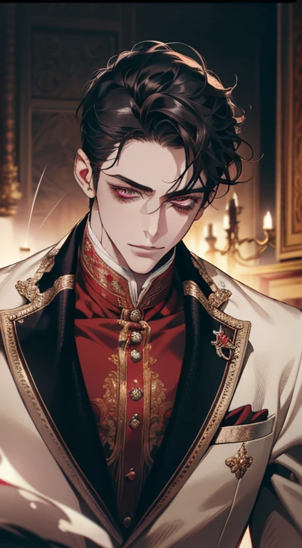undercucho Close Portrait of Elegant Person [undercucho] in bespoke MAN suit: tall muscular man, classic style, intricate detial baroque, elegant, bright lights, highly detailed, digital painting, artstation, concept art, soft and sharp focus, portrait , illustration, art by wlop, mars ravelo and greg rutkowski (High detail skin: 1.2), 8k uhd, DSLR, soft lighting, high quality, film grain, Fujifilm XT3 mix4, male model, (((1 MAN))) suit, seductive, Florence, Italy background, (((/LOOKING AT THE VIEWER/))) ((((SHORT BLACK HAIR))) (((SHOULDER-LENTH HAIR))) (((RED RUBY EYES))) (((DELIGHTED LOOK))), SMILE, MYSTERIOUS AURA, night, bokeh, depth of field, (upper body: 1.0), best quality, intricate details, detailed eyes, masterpiece, film grain, 1900s, kodakchrome, flashlight, strange smoke around him, MASTERPIECE