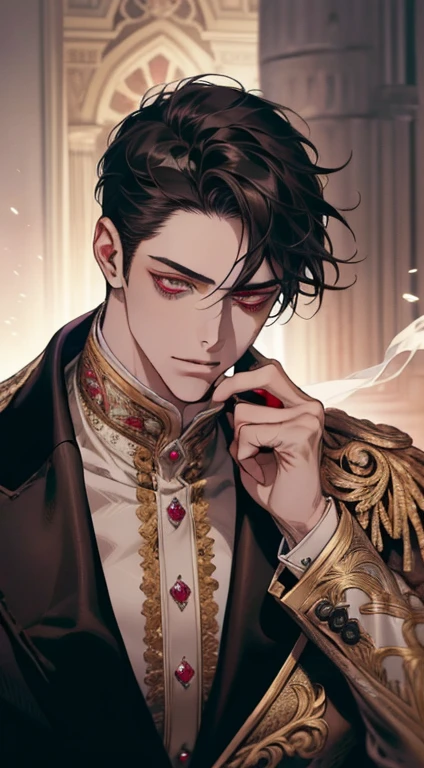 undercucho Close Portrait of Elegant Person [undercucho] in bespoke MAN suit: tall muscular man, classic style, intricate detial baroque, elegant, bright lights, highly detailed, digital painting, artstation, concept art, soft and sharp focus, portrait , illustration, art by wlop, mars ravelo and greg rutkowski (High detail skin: 1.2), 8k uhd, DSLR, soft lighting, high quality, film grain, Fujifilm XT3 mix4, male model, (((1 MAN))) suit, seductive, Florence, Italy background, (((/LOOKING AT THE VIEWER/))) ((((SHORT BLACK HAIR))) (((SHOULDER-LENTH HAIR))) (((RED RUBY EYES))) (((DELIGHTED LOOK))), SMILE, MYSTERIOUS AURA, night, bokeh, depth of field, (upper body: 1.0), best quality, intricate details, detailed eyes, masterpiece, film grain, 1900s, kodakchrome, flashlight, strange smoke around him, MASTERPIECE