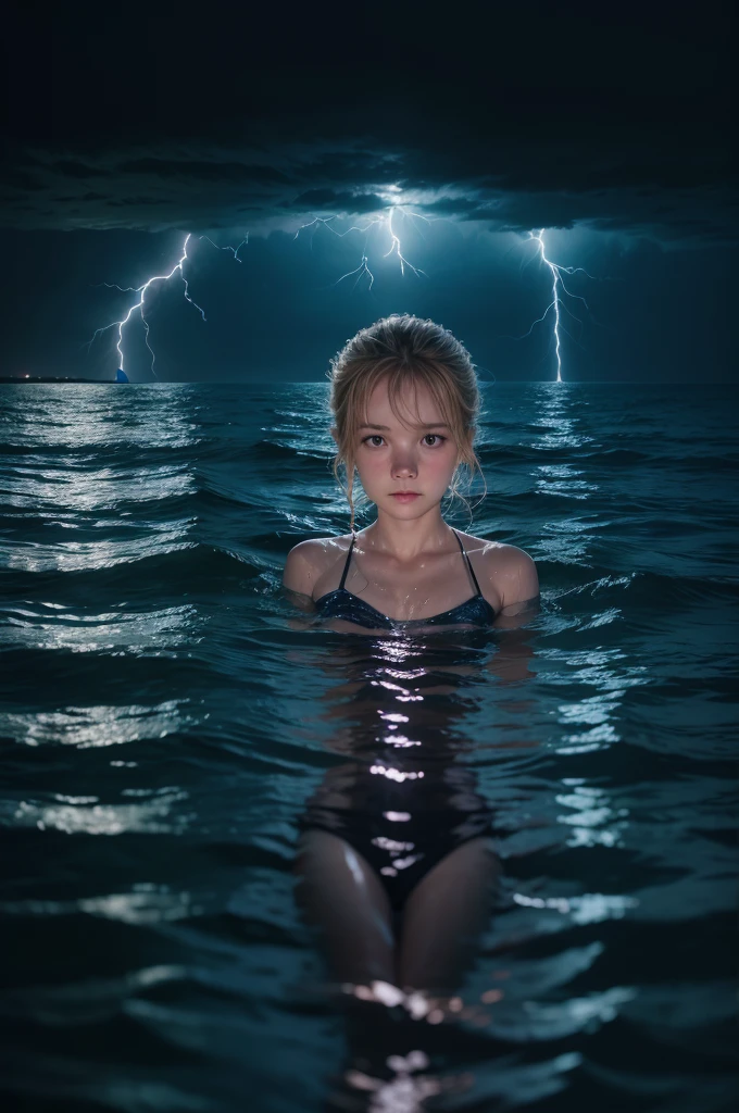 create an image of a person drowning alone in a night sea, with just a reflection of lightning