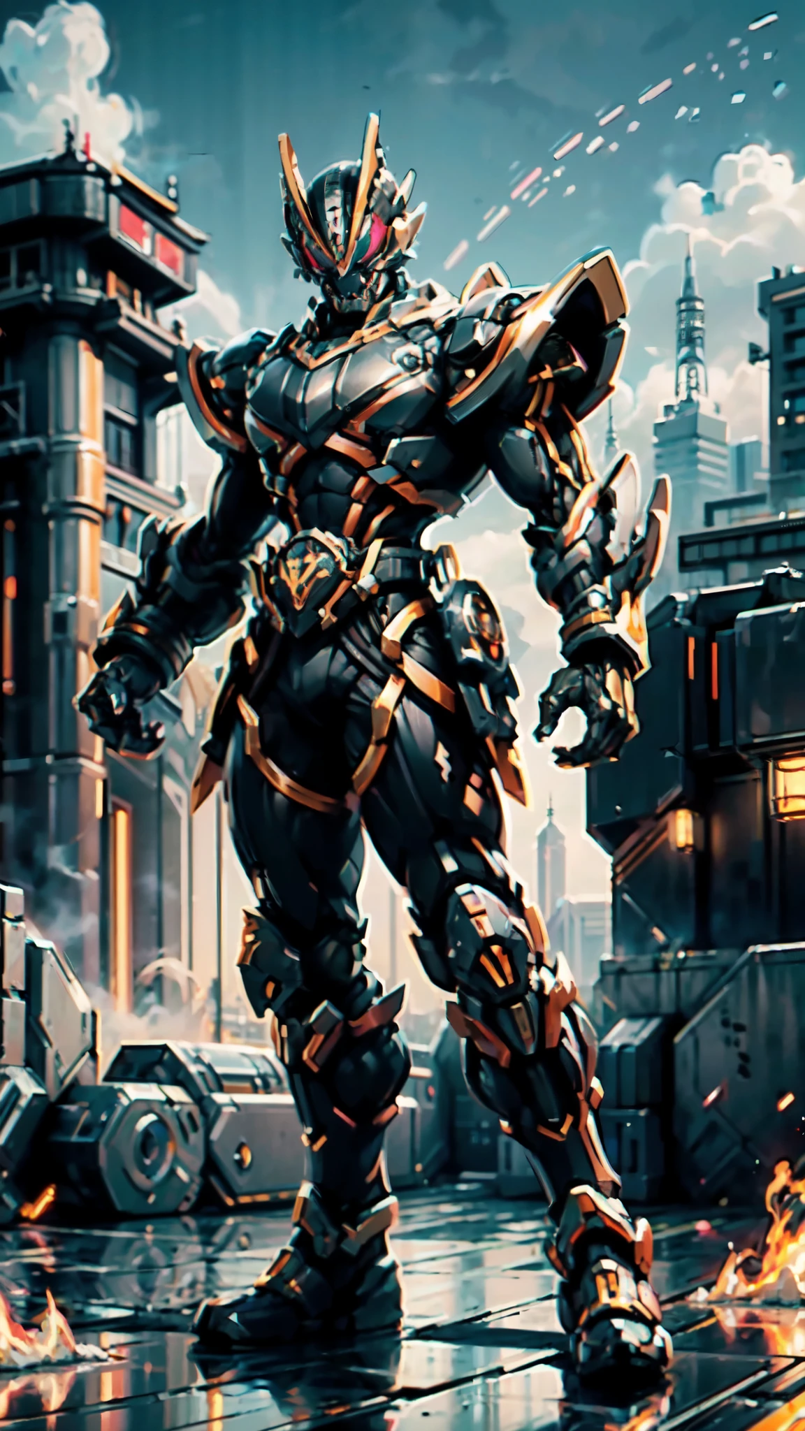 (masterpiece:1.5, best quality:1.5, extremely delicate:1.5, perspective:1.5, foreshortening:1.5, dynamic angle:1.5), a man wearing a full-face helmet, a fantasy-style biotech armored combat suit, green eyes, (a composite layered chest armor), fully enclosed shoulder guards, matching arm and leg guards, the belt is adorned with fangs biting into orbs, (the color scheme is primarily black with red accents), the design balances heavy with agility, a high-tech bio-mecha armor, (Armor Concept Inspired by Bat, stand on the top of a skyscraper in a futuristic sci-fi city), this character embodies a finely crafted fantasy-surreal style armored hero in anime style, exquisite and mature manga art style, (element, plasma, energy, the armor glows), ((male:1.5)), metallic, high definition, highres, ultra-detailed, ultra-fine painting, professional, perfect body proportions, golden ratio, anatomically correct, symmetrical face, extremely detailed eyes and face, high quality eyes, creativity, RAW photo, UHD, 32k, Natural light, cinematic lighting, masterpiece-anatomy-perfect