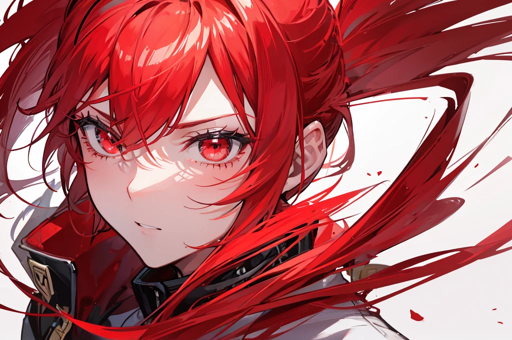 "Epic dark atmosphere, stunning 4k artwork featuring a mature woman with confident long red hair and glowing red eyes with gently smile, she wear white villain coat, standing proudly and filled with an aura of majesty, her face full of blood and smiled horribly"