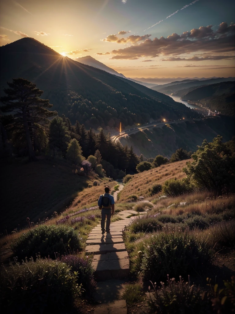 photorealistic landscape, natural landscape, naturey, Beleza Da naturey, Golden Sunset, Sky, Sky Power, Detailed Realistic Sunset, Cedars, Cedar, God's City, Heavens Realm, mountainscape, rivers of water, Sunset realism, Árvores naturey, Alone Men, man on his back, Man's Back, panorama, Alpha Male, Path to Heaven, heavenly, Detailed Realistic Image 8K, 16K Photorealistic Contrast, 8K Photorealistic Sharpness, 4K Photorealistic Cores, 16K Photorealistic Shadows, 8K Photorealistic Textures, 16K Photorealistic Texture, 4K Photorealistic Light, 4K PhotoRealism, FullHD 4K Detailed Contrast, detailed sharpness FullHD 8K, detailed sharpness FullHD 4K, detailed sharpness, 2K Detailed Colors, lifelike colors, FullHD Detailed Shadows, 4K Detailed Textures, detailed texture, padoru, Natural Beauty, chic 