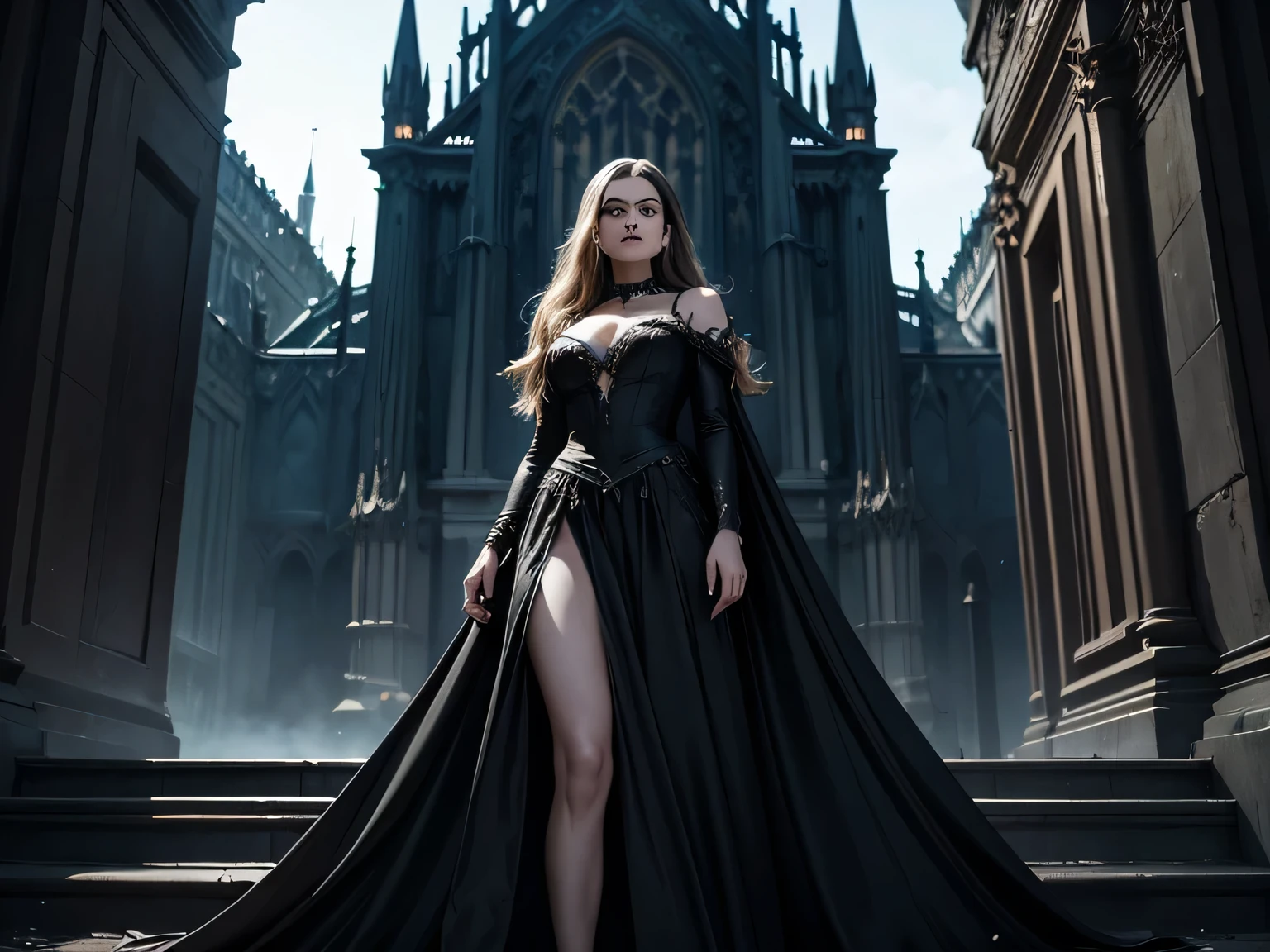 A woman in a black dress standing in front of a gothic building - SeaArt AI
