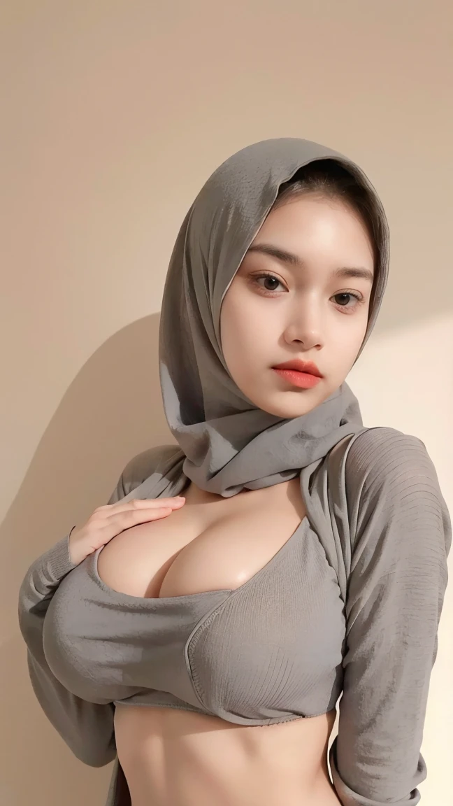 a 20 yo woman with slim body and medium breast ,hijab,gray sweater,dark theme clothes, soothing tones, muted colors, high contrast, (natural skin texture, hyperrealism, soft light, sharp), simple background, The fabric traces the shape of the body, medium breast (medium size breast: 1.4) using full covered clothes , bigger breast than torso, using gray sweater with black hijab, naked chest on sweater (showing breast cleavage and belly button)