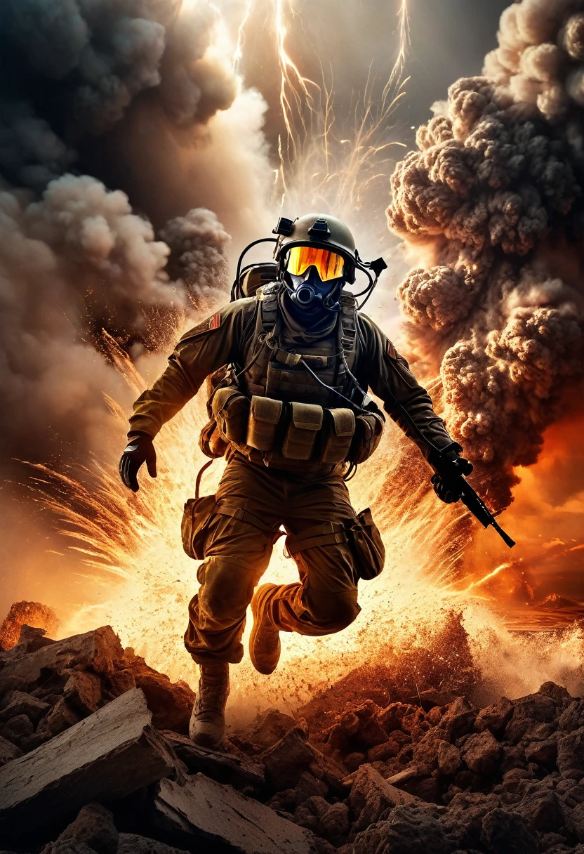 A imagem muito interessante em 9:16 features a soldier in a combat position, with dark gray background and smoke all around. The soldier is wearing a military uniform, holding a gun and wearing a gas mask. The gas mask can be highlighted with a vibrant color, como vermelho ou amarelo, contrastando com o restante da imagem em preto e branco. The image aims to convey the sense of danger and tension that was constant during the war. --auto