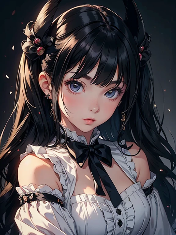 Best Quality, (photorealistic:1.2), 1 girl, Alone, detailed face, facial focus, standing, black fur,(hair ornament:1.35),secretary, ribbon-trimmed sleeves, separate sleeves, ribbon ornament, wide sleeves, (looking at the viewer:1.5) wide, black eyes, hits, lips,