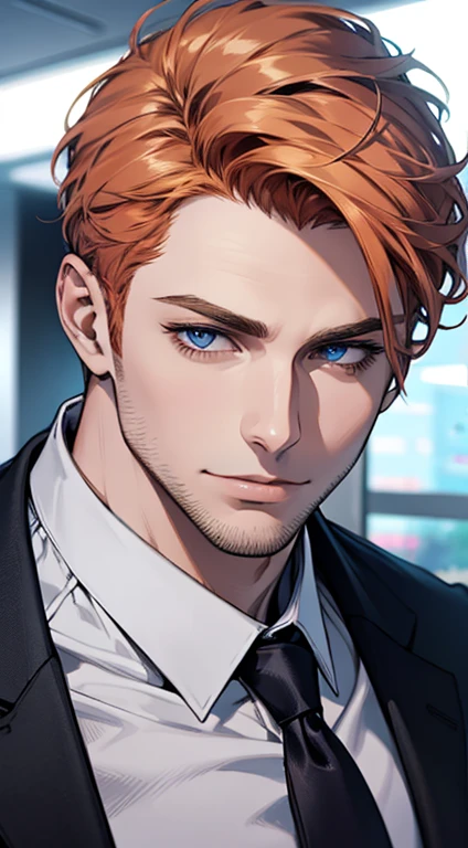 (best quality,4k,8k,highres,masterpiece:1.2),ultra-detailed,(realistic,photorealistic,photo-realistic:1.37),1 man,31 years old,mature man,very handsome,without expression,smile,short grey orange hair,blue eyes,penetrating gaze,perfect face without errors,imposing posture,businessman,office background,cinematic lighting,hdr image