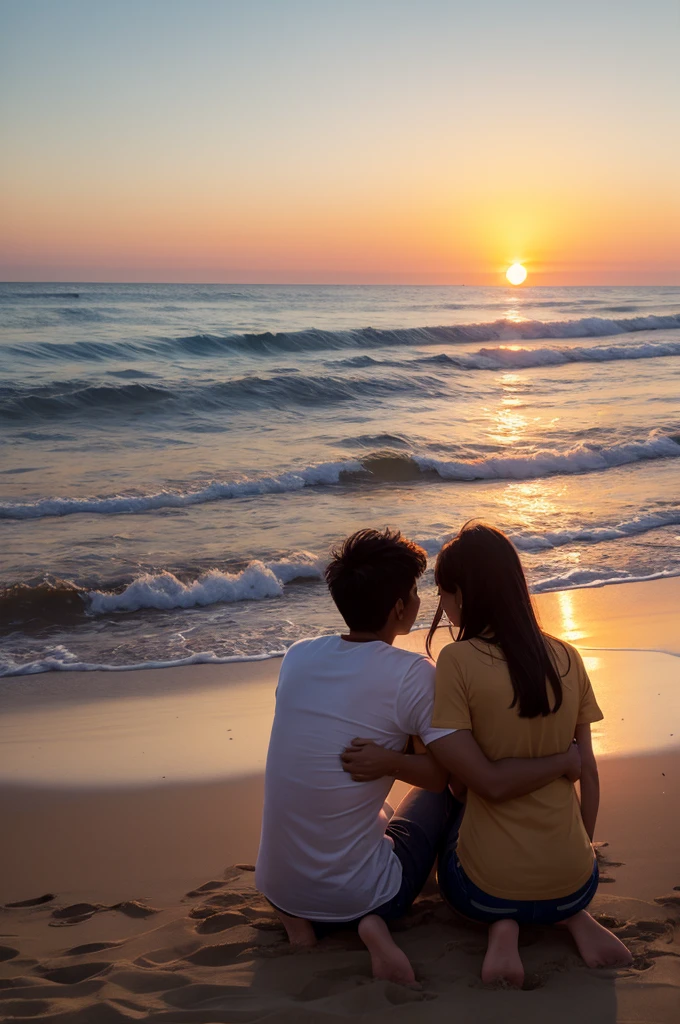 Beach with sunset mother and a person sitting on the sand