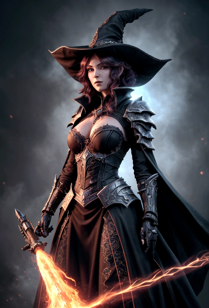 (Highly detailed 8K wallpapers), Medium shot of ne Necromancer, particle lighting, High detail, dramatic, Gatling gun in hand, Clean background, Wearing a wizard's hat, Removed weapons from the top of the background