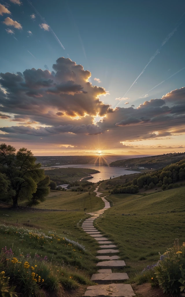 photorealistic landscape, natural landscape, naturey, Beleza Da naturey, Golden Sunset, Sky, Sky Power, Detailed Realistic Sunset, Cedars, Cedar, God's City, Heavens Realm, mountainscape, rivers of water, Sunset realism, Árvores naturey, Alone Men, man on his back, Man's Back, panorama, Alpha Male, Path to Heaven, heavenly, Detailed Realistic Image 8K, 16K Photorealistic Contrast, 8K Photorealistic Sharpness, 4K Photorealistic Cores, 16K Photorealistic Shadows, 8K Photorealistic Textures, 16K Photorealistic Texture, 4K Photorealistic Light, 4K PhotoRealism, FullHD 4K Detailed Contrast, detailed sharpness FullHD 8K, detailed sharpness FullHD 4K, detailed sharpness, 2K Detailed Colors, lifelike colors, FullHD Detailed Shadows, 4K Detailed Textures, detailed texture, padoru, Natural Beauty, chic 