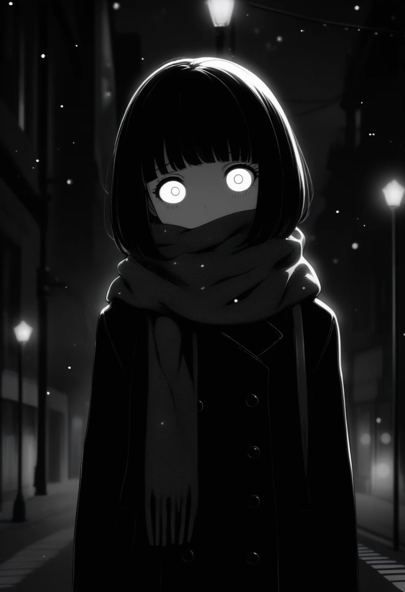 1girl, momose \(oqo\) official art, masterpiece, best quality, grayscale, manga style, japanese, chi no wadachi, black eyes, glowing small white pupils, street, iced, black hair, schoolbag, lineart, looking at viewer, black coat, black scarf, adult female, mature_female:1, tall, fair skinned, bokeh background, bob cut, light particles, centered, snowing, emotional anime scene, official wallpaper scenery:1.1, (very aesthetic, best quality, ultra detailed), intricate details, red and blue lights flashing, cool, soleless, emotionless, tired, street lamp, surrounded by darkness, stars in the sky, biting, full shot, texture \(hatching\), scarf over mouth, nestled beneath scarf, pain, in pain
