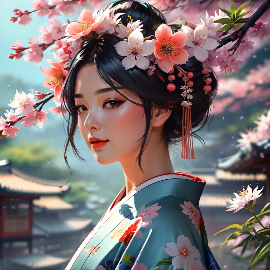 arafed woman in a kimono with flowers on her head, beautiful digital artwork, beautiful digital illustration, beautiful digital painting, gorgeous digital painting, artwork in the style of guweiz, photorealistic anime girl render, smooth anime cg art, beautiful digital art, great digital art with details, stunning digital illustration, detailed digital anime art, render of april, beautiful anime portrait