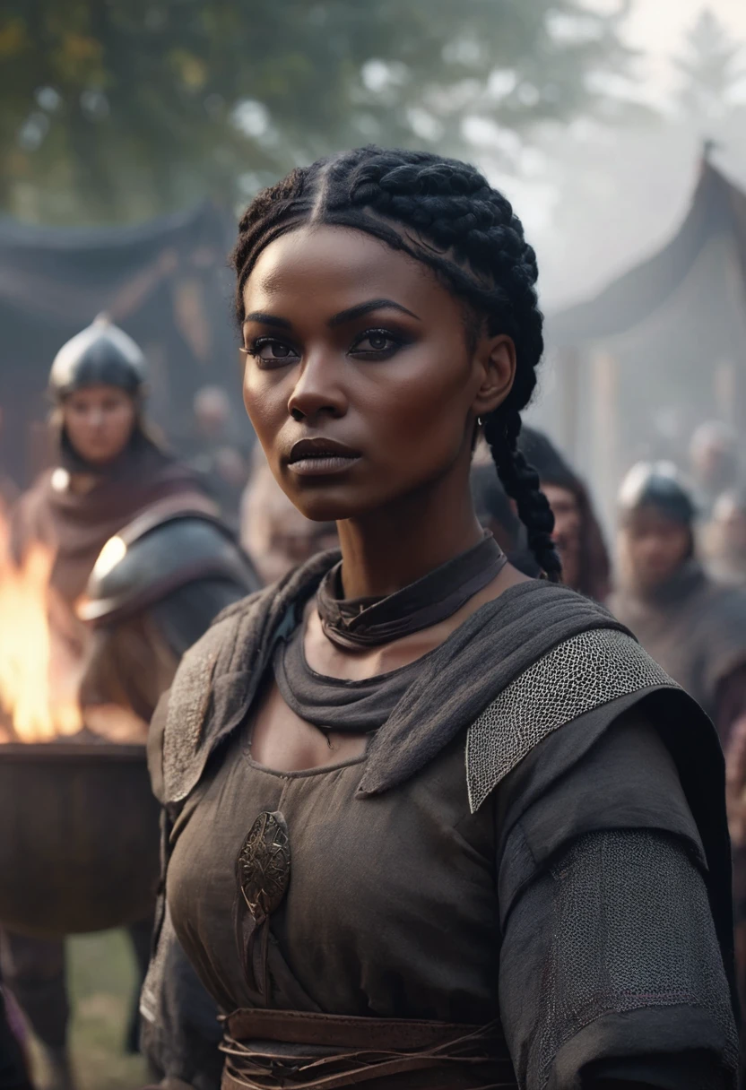 1 woman, inside a medieval training camp, wearing common medieval training clothes, detailed facial features, dark, feminine eyes, detailed dark black skin,Fully shaved hair, strong expression, dramatic lighting, cinematic composition, defined female body muscles, cold palette and warm color palette, atmospheric fog, pretty face, thin chin, beautiful black woman with shaved hair, (best quality, 4K, 8K, high resolution, art: 1.2), ultra-detailed, (realistic, photorealistic , photorealistic: 1.37)