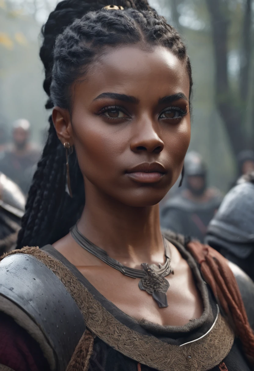 1 woman, inside a medieval training camp, wearing common medieval training clothes, detailed facial features, dark, feminine eyes, detailed dark black skin,Fully shaved hair, strong expression, dramatic lighting, cinematic composition, defined female body muscles, cold palette and warm color palette, atmospheric fog, pretty face, thin chin, beautiful black woman with shaved hair, (best quality, 4K, 8K, high resolution, art: 1.2), ultra-detailed, (realistic, photorealistic , photorealistic: 1.37)