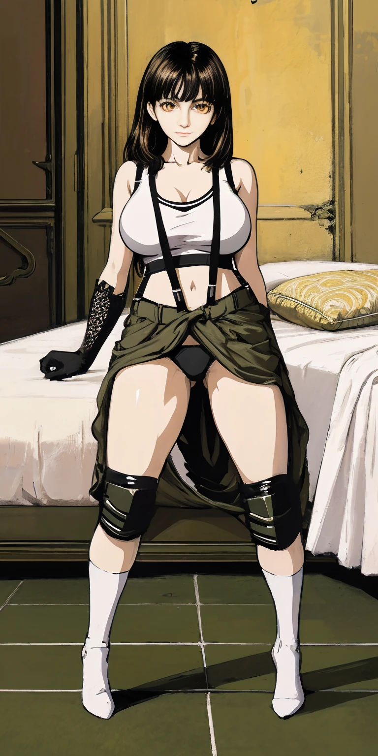 Female funger lying in bed, full body, standing, straight, symmetrical, looking at the viewer, very detailed illustration, 1solitaria, big breasts, high resolution, high quality, Masterpiece, looking at the viewer (female knight) orange long hair, absurdities, ultra detailed, (8k, Best Quality, Masterpiece:1.2) (realist, fotorrealista:1.37) (whole body) legs apart (wide stance) standing in front, ultra detailed, 1 girl,beautiful, alone (feminine works) (big breasts:1.5) (Beautiful detailed eyes) (SMILE:1.2) (Closed mouth), sharp focus, depth of field, Good composition, very long straight hair, hair explosion ((Orange_eyes)) intricate, bokeh (Tetsuya Nomura style) perfect breasts, White tank top, black thong, suspenders, gloves, socks, Toned body, athletic, Wide hips, thin waist, toned arms, exposed abdomen