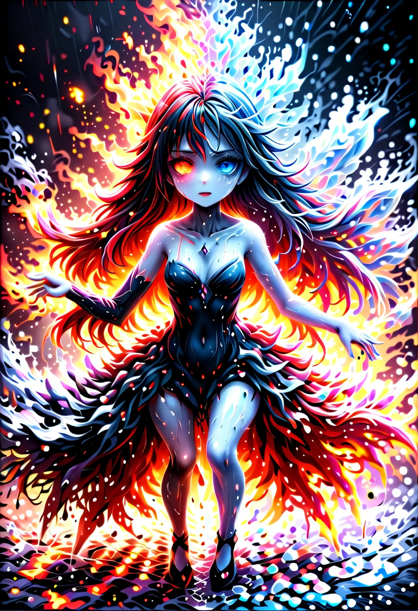 a sorceress of fire making fire dance in a the (storm of rain: 1.3), a most exquisite beautiful sorceress, controlling fire manipulating fire, a woman, dynamic hair color, dynamic hair style, (most beautiful face: 1.3), (ultra detailed face: 1.2), wet hair, wet face, dynamic eyes color, full body shot, wearing dress made of fire, wearing intricate high heels, light make up, dancing in courtyard of a fantasy castle background, ((heavy rain drops: 1.1)), clouds in the sky, (anatomically correct: 1.4), (full body shot: 1.1) , vibrant, Ultra-high resolution, High Contrast, (masterpiece:1.5), highest quality, Best aesthetics), best details, best quality, highres, ultra wide angle, 16k, [ultra detailed], masterpiece, best quality, (extremely detailed), faize, Intense gaze, goth person