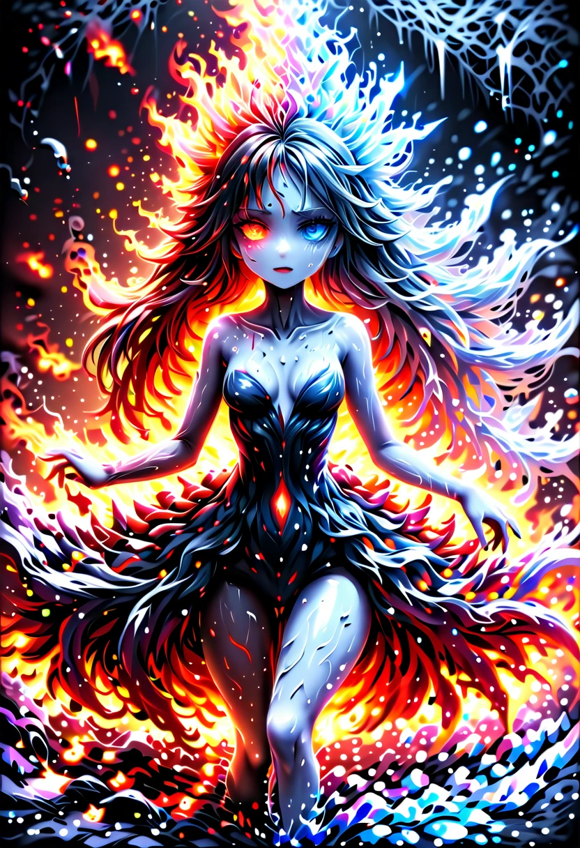 a sorceress of fire making fire dance in a the (storm of rain: 1.3), a most exquisite beautiful sorceress, controlling fire manipulating fire, a woman, dynamic hair color, dynamic hair style, (most beautiful face: 1.3), (ultra detailed face: 1.2), wet hair, wet face, dynamic eyes color, full body shot, wearing dress made of fire, wearing intricate high heels, light make up, dancing in courtyard of a fantasy castle background, ((heavy rain drops: 1.1)), clouds in the sky, (anatomically correct: 1.4), (full body shot: 1.1) , vibrant, Ultra-high resolution, High Contrast, (masterpiece:1.5), highest quality, Best aesthetics), best details, best quality, highres, ultra wide angle, 16k, [ultra detailed], masterpiece, best quality, (extremely detailed), faize, Intense gaze, goth person