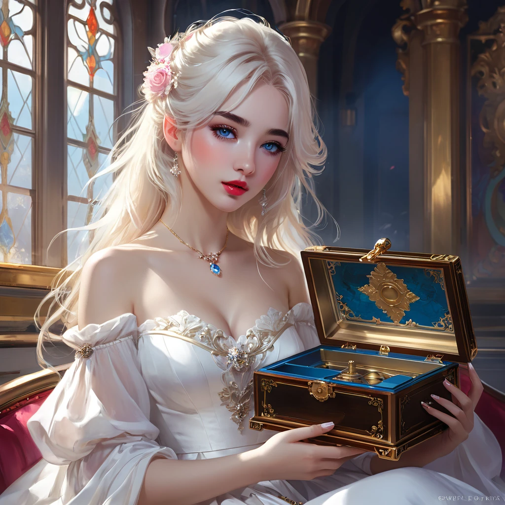 there is a woman in a white dress holding a Music Box, artwork in the style of guweiz, guweiz on pixiv artstation, guweiz on artstation pixiv, guweiz, fantasy art style, guweiz masterpiece, beautiful and elegant queen, beautiful character painting, detailed digital anime art, blonde - haired princess, White hair, sky blue eyes, pink lips