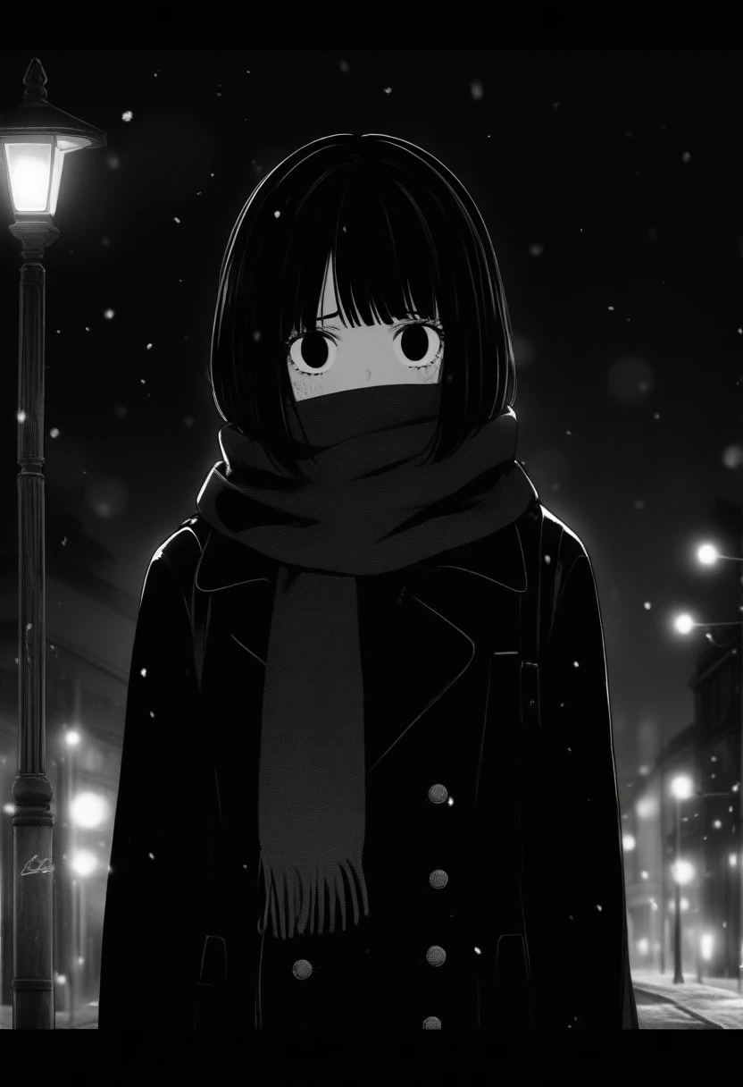 1girl, momose \(oqo\) official art, masterpiece, best quality, grayscale, manga style, japanese, chi no wadachi, black eyes, sparkling eyes, street, iced, black hair, schoolbag, lineart, looking at viewer, black coat, black scarf, adult female, mature_female:1, tall, fair skinned, bokeh background, bob cut, light particles, centered, snowing, emotional anime scene, official wallpaper scenery:1.1, (very aesthetic, best quality, ultra detailed), intricate details, red and blue lights flashing, cool, soleless, emotionless, tired, street lamp, surrounded by darkness, stars in the sky, biting, full shot, texture \(hatching\), scarf over mouth, nestled beneath scarf, pain, in pain