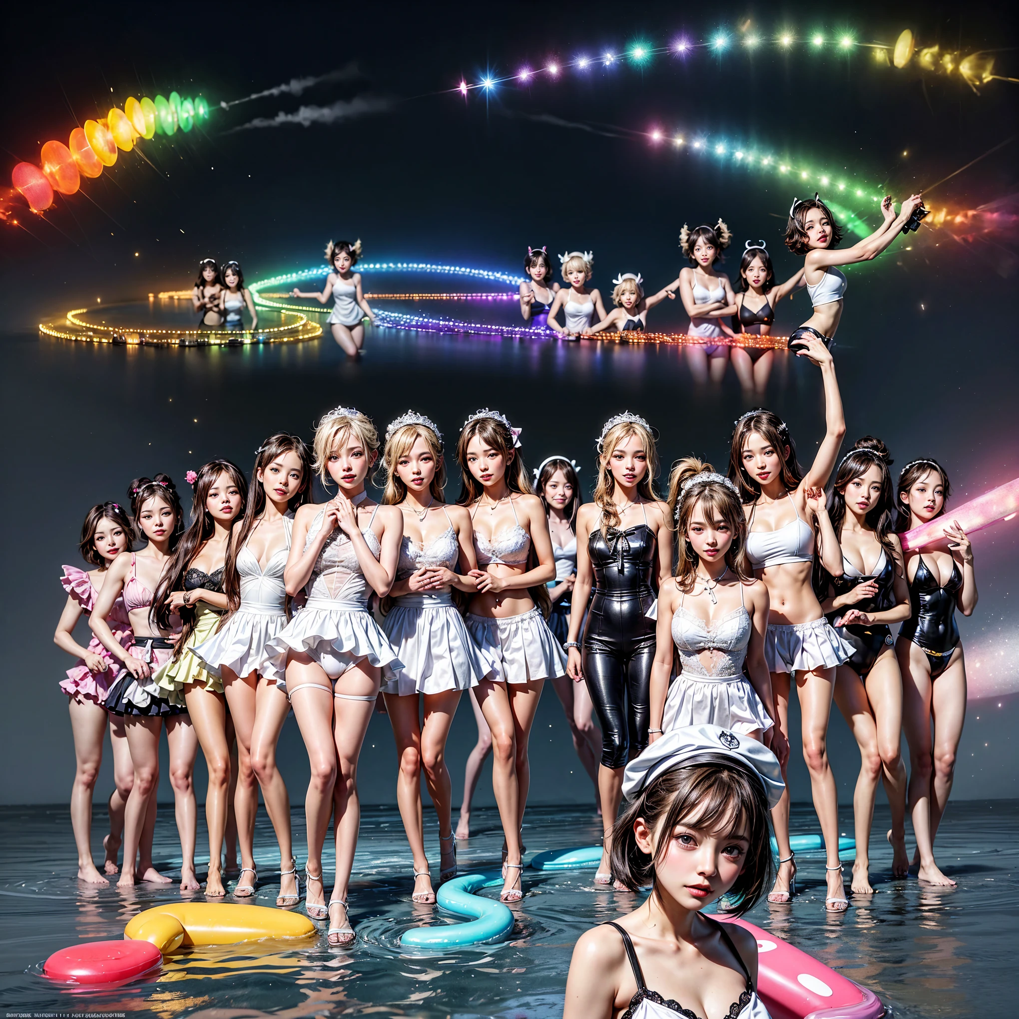 ((ExtremelyDetailed (PUNIPUNI KAWAII 12 Girls in a row:1.37) Shibuya Hachiko-mae scramble crossing)), (masterpiece 8K TopQuality:1.2) (ProfessionalPhoto:1.37), {(Standing Full Body:1.2)|Dancing}, Different types of hair colors, {(White(skinny school swimwear))|SchoolUniform|Tutu}, {Corrected BabyLike hand|Hiddenhand}, (Joyful Expressions LifeLike Rendering), PerfectLighting (RainbowColor particles:1.2)(Dazzling Blurred ColorfulLights) MotionBlur BREAK (Acutance:0.8) Impeccable Radiant PearlSkin with Transparency .