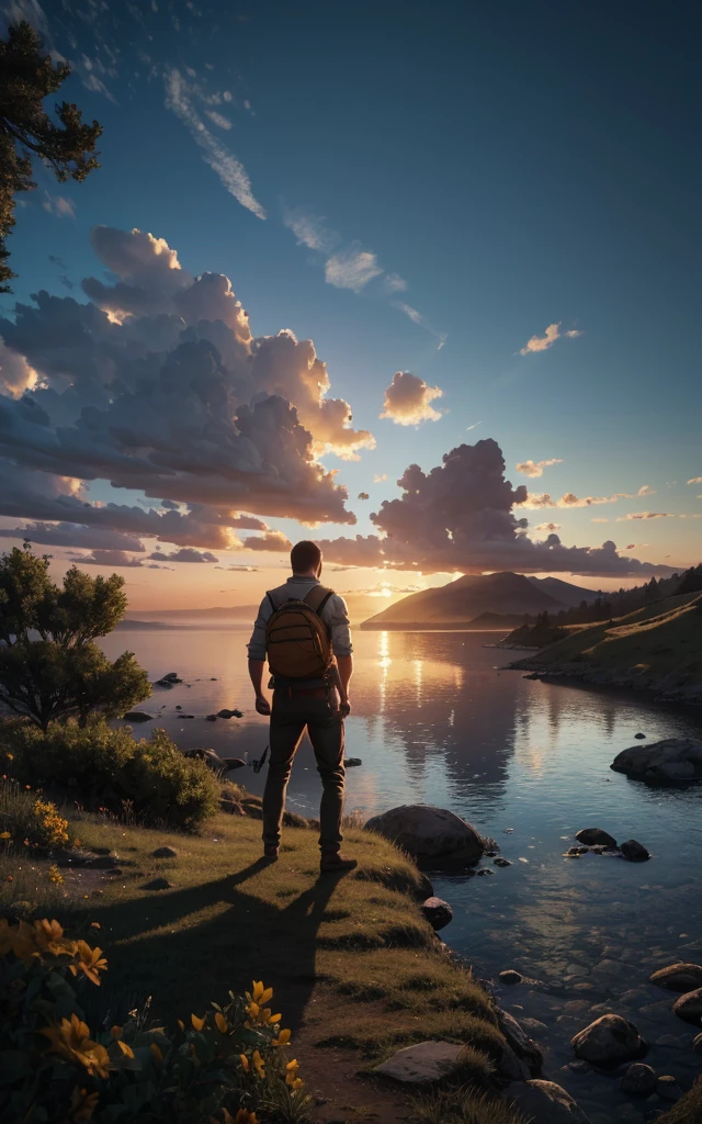 photorealistic landscape, natural landscape, naturey, Beleza Da naturey, Golden Sunset, Sky, Sky Power, Detailed Realistic Sunset, Cedars, Cedar, God's City, Heavens Realm, mountainscape, rivers of water, Sunset realism, Árvores naturey, Alone Men, man on his back, Man's Back, panorama, Alpha Male, Path to Heaven, heavenly, Detailed Realistic Image 8K, 16K Photorealistic Contrast, 8K Photorealistic Sharpness, 4K Photorealistic Cores, 16K Photorealistic Shadows, 8K Photorealistic Textures, 16K Photorealistic Texture, 4K Photorealistic Light, 4K PhotoRealism, FullHD 4K Detailed Contrast, detailed sharpness FullHD 8K, detailed sharpness FullHD 4K, detailed sharpness, 2K Detailed Colors, lifelike colors, FullHD Detailed Shadows, 4K Detailed Textures, detailed texture, padoru, Natural Beauty, chic