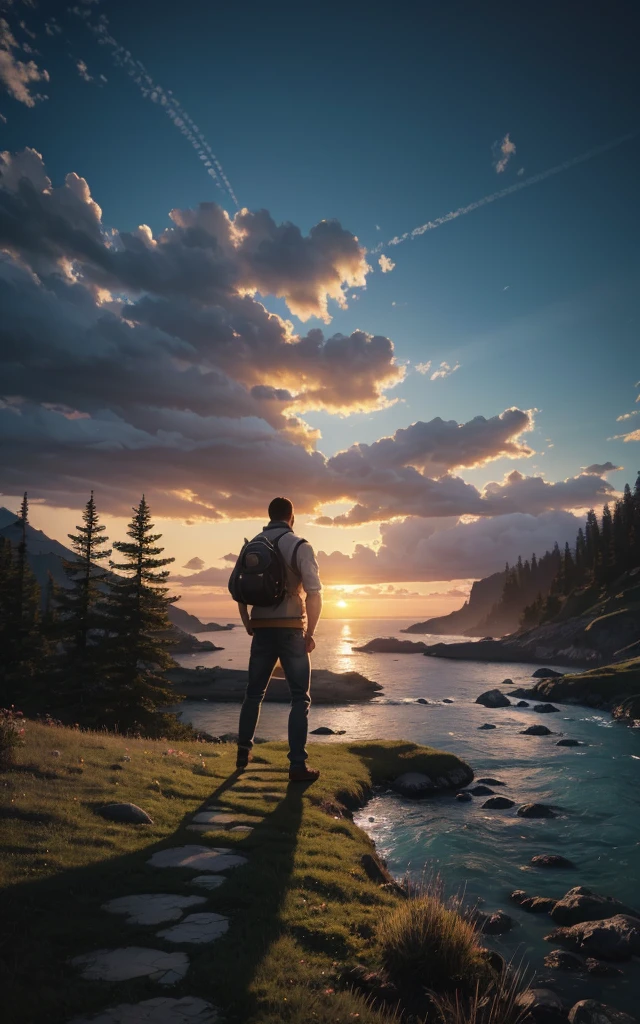 photorealistic landscape, natural landscape, naturey, Beleza Da naturey, Golden Sunset, Sky, Sky Power, Detailed Realistic Sunset, Cedars, Cedar, God's City, Heavens Realm, mountainscape, rivers of water, Sunset realism, Árvores naturey, Alone Men, man on his back, Man's Back, panorama, Alpha Male, Path to Heaven, heavenly, Detailed Realistic Image 8K, 16K Photorealistic Contrast, 8K Photorealistic Sharpness, 4K Photorealistic Cores, 16K Photorealistic Shadows, 8K Photorealistic Textures, 16K Photorealistic Texture, 4K Photorealistic Light, 4K PhotoRealism, FullHD 4K Detailed Contrast, detailed sharpness FullHD 8K, detailed sharpness FullHD 4K, detailed sharpness, 2K Detailed Colors, lifelike colors, FullHD Detailed Shadows, 4K Detailed Textures, detailed texture, padoru, Natural Beauty, chic 