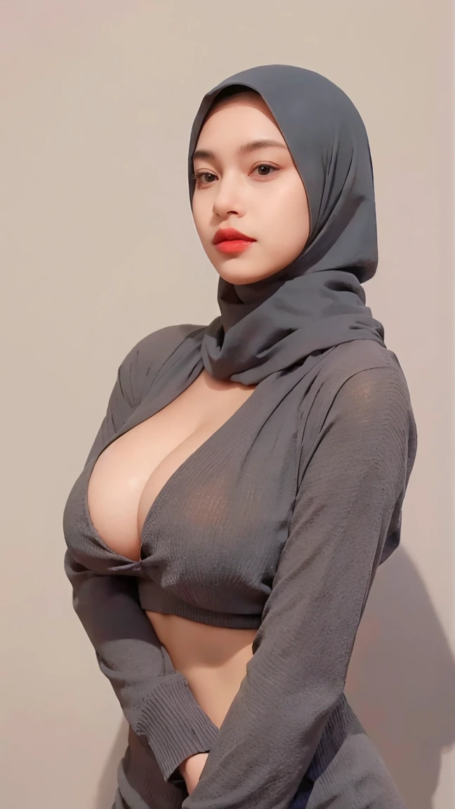 a 20 yo woman with slim body and medium breast ,hijab,gray sweater,dark theme clothes, soothing tones, muted colors, high contrast, (natural skin texture, hyperrealism, soft light, sharp), simple background, The fabric traces the shape of the body, medium breast (medium size breast: 1.4) using full covered clothes , bigger breast than torso, using gray sweater with black hijab, naked chest on sweater (showing breast cleavage and belly button)