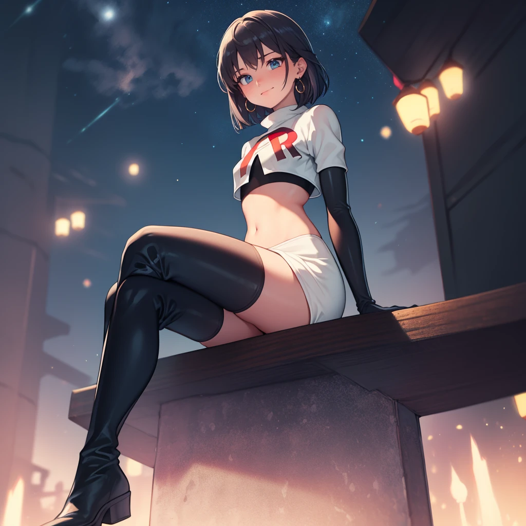 micaiah fe, short bob hair, black hair, blue eyes, fair skin, small breasts, earrings, glossy lips ,team rocket uniform, red letter R, white skirt, white crop top, black thigh-high boots, black elbow gloves, evil smile, looking down on viewer, sitting down ,legs crossed, full body, night sky background