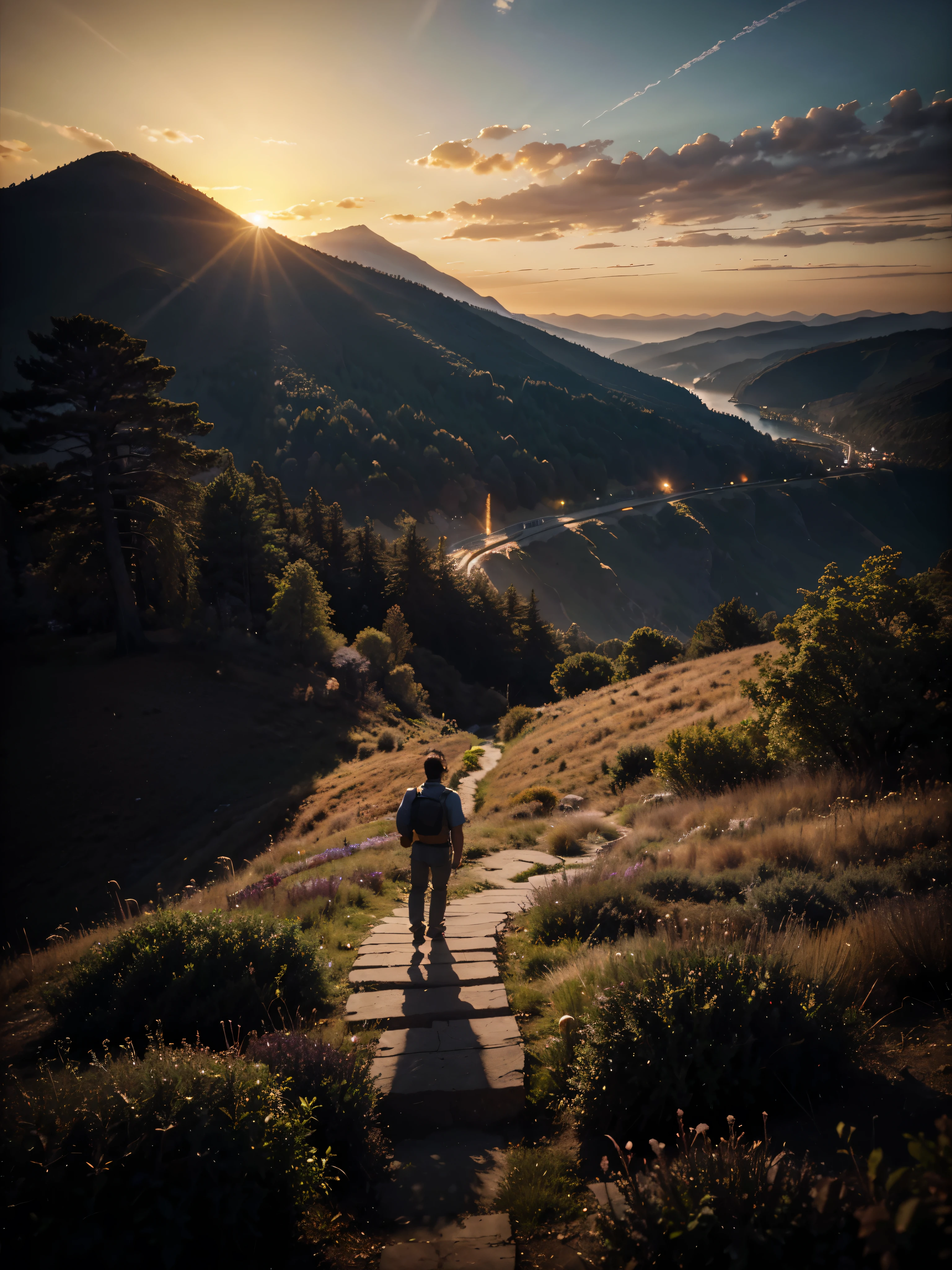 photorealistic landscape, natural landscape, naturey, Beleza Da naturey, Golden Sunset, Sky, Sky Power, Detailed Realistic Sunset, Cedars, Cedar, God's City, Heavens Realm, mountainscape, rivers of water, Sunset realism, Árvores naturey, Alone Men, man on his back, Man's Back, panorama, Alpha Male, Path to Heaven, heavenly, Detailed Realistic Image 8K, 16K Photorealistic Contrast, 8K Photorealistic Sharpness, 4K Photorealistic Cores, 16K Photorealistic Shadows, 8K Photorealistic Textures, 16K Photorealistic Texture, 4K Photorealistic Light, 4K PhotoRealism, FullHD 4K Detailed Contrast, detailed sharpness FullHD 8K, detailed sharpness FullHD 4K, detailed sharpness, 2K Detailed Colors, lifelike colors, FullHD Detailed Shadows, 4K Detailed Textures, detailed texture, padoru, Natural Beauty, chic 