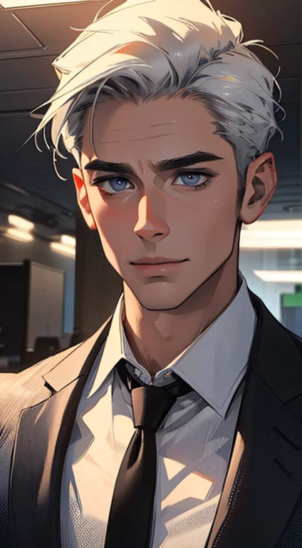 (best quality,4k,8k,highres,masterpiece:1.2),ultra-detailed,(realistic,photorealistic,photo-realistic:1.37),1 man,31 years old,mature man,very handsome,without expression,smile,short grey white hair,blue eyes,penetrating gaze,perfect face without errors,imposing posture,businessman,office background,cinematic lighting,hdr image