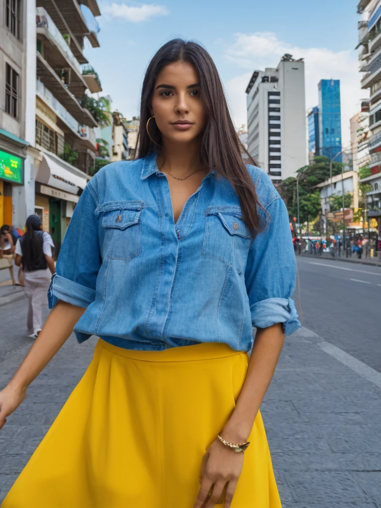 Besutiful girl in a street in the city of Sao Paulo in Brazil. 8K, vibrant colors